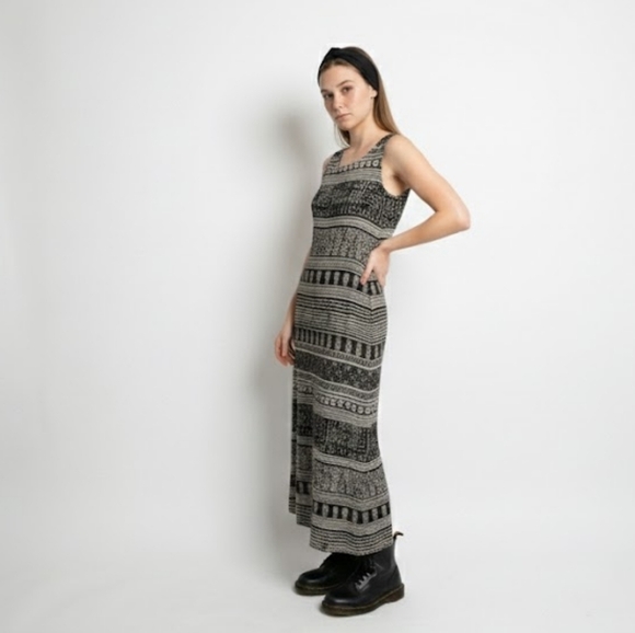 Vintage Dresses & Skirts - Vintage 90s Black Aztec Print Summer Midi Dress 1990s Sheath Sundress Beach Boho